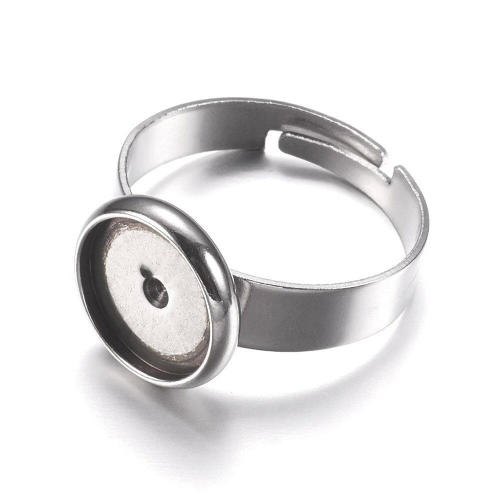 Stainless steel adjustable rings round cabochon settings (fits 8mm, 10mm, 12mm, 14mm) Hypoallergenic jewelry findings