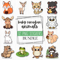 Baby Canadian Animal Sticker Bundle, 12 Adorable Printable PNG Stickers, Digital Download, Print and Cut Cricut, Scrapbooking & Planners