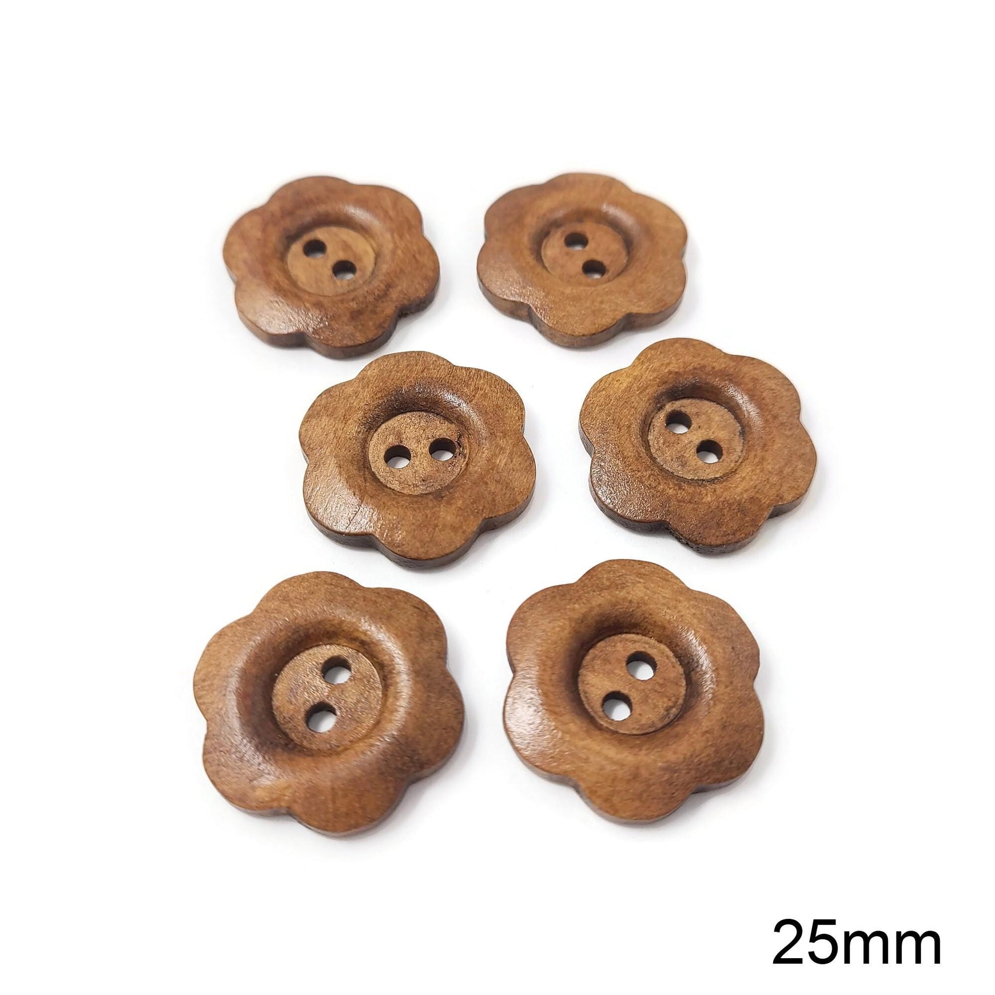 6 Flower shape wooden buttons, 15mm, 20mm, 25mm, Natural sewing and crafting supplies