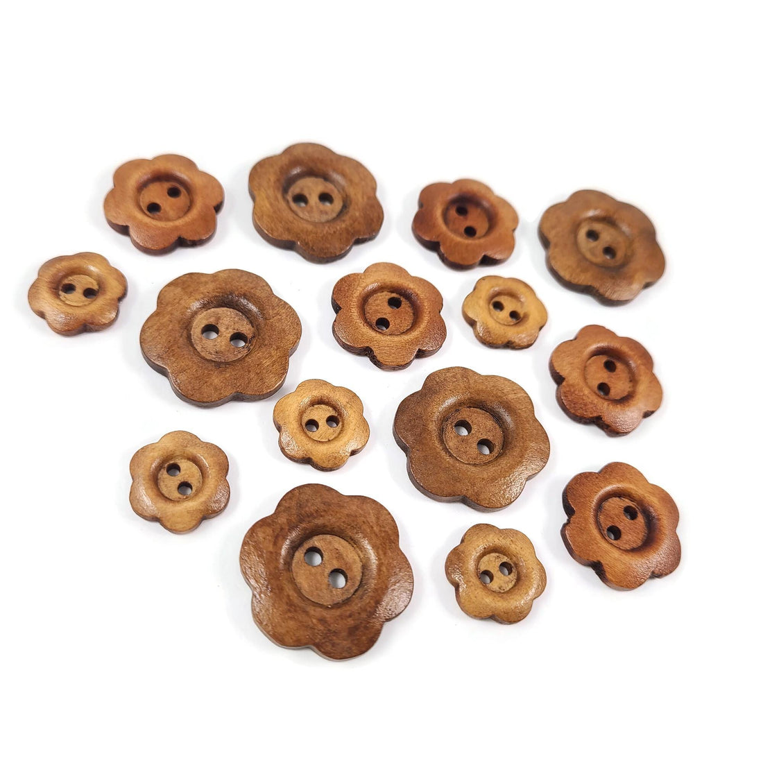 6 Flower shape wooden buttons, 15mm, 20mm, 25mm, Natural sewing and crafting supplies