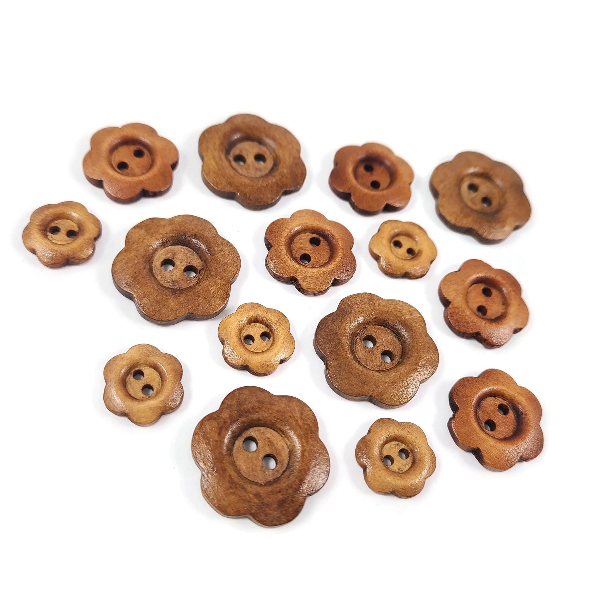 6 Flower shape wooden buttons, 15mm, 20mm, 25mm, Natural sewing and crafting supplies
