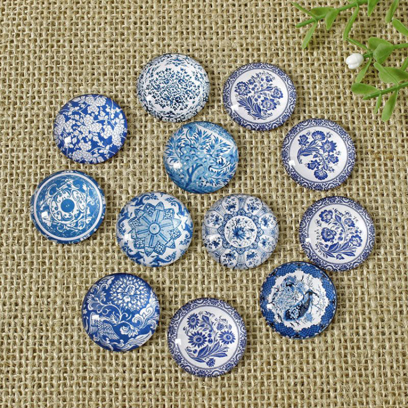 12mm mixed blue glass cabochons - set of 50 blue porcelain flower pattern round dome cabochons