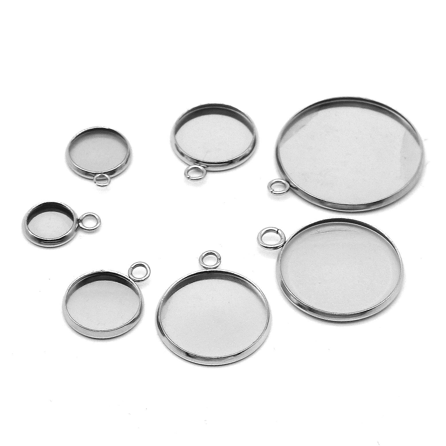 Base ronde pour cabochon en acier inoxydable 6, 8, 10, 12 ou 14mm avec anneau pour pendentif