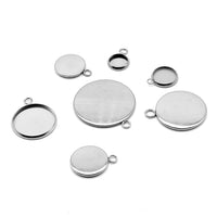 304 Stainless steel pendant cabochon settings, flat round, 6, 8, 10, 12 or 14mm tray