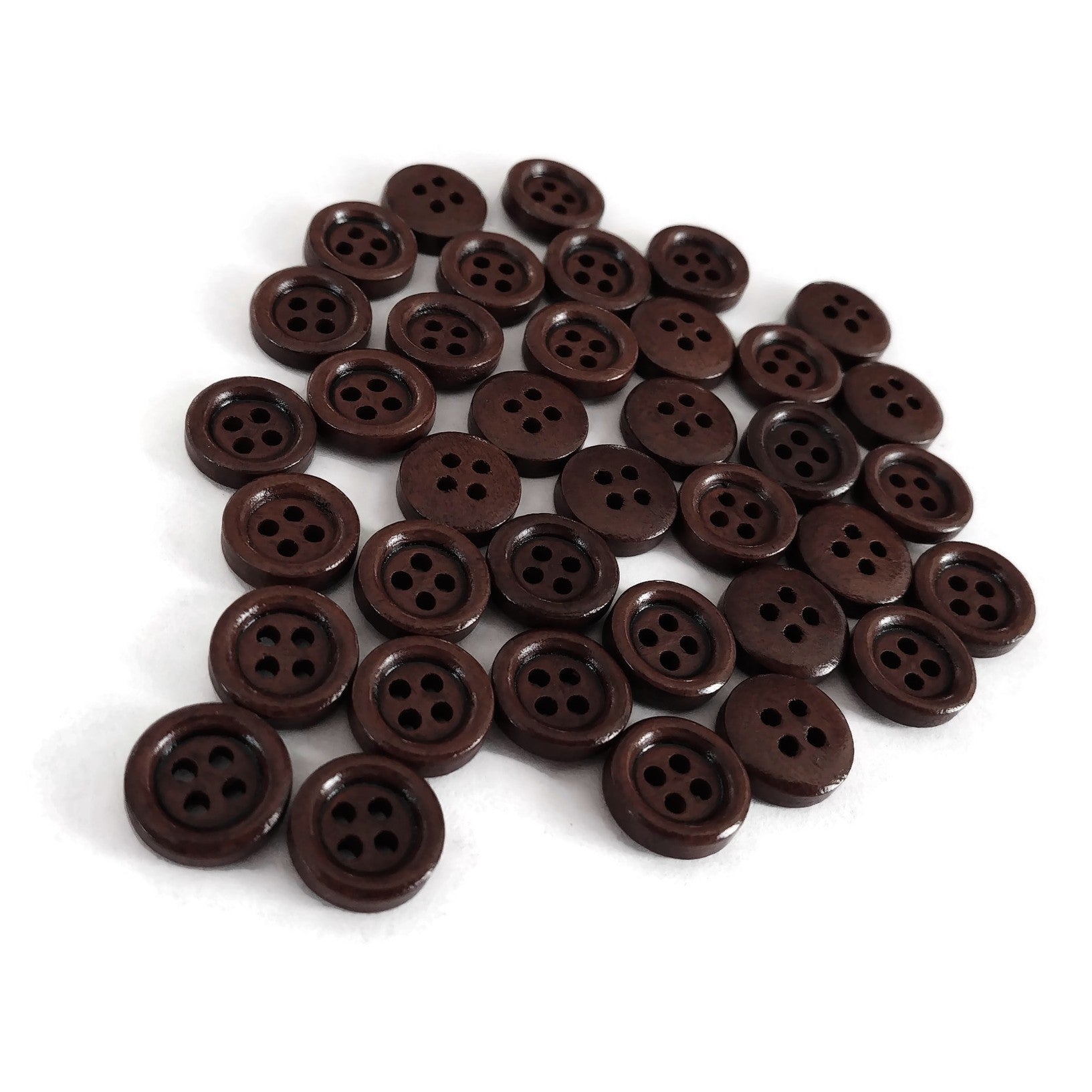 Mini Wood button - Brown 4 Holes Wooden Sewing Buttons 11mm - set of 36