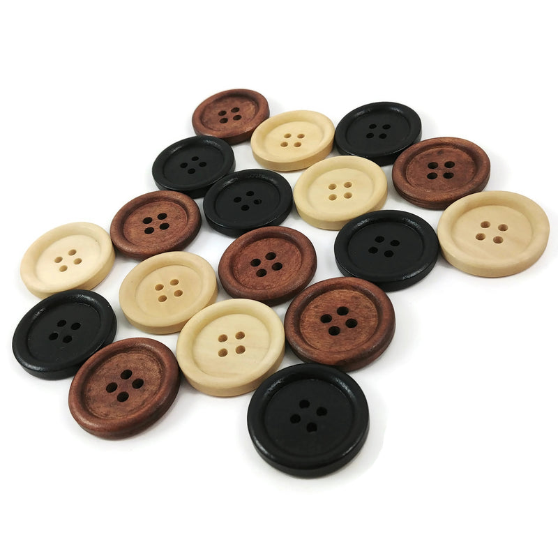 Wooden sewing buttons 25mm - set of 6 natural wood button in black, br