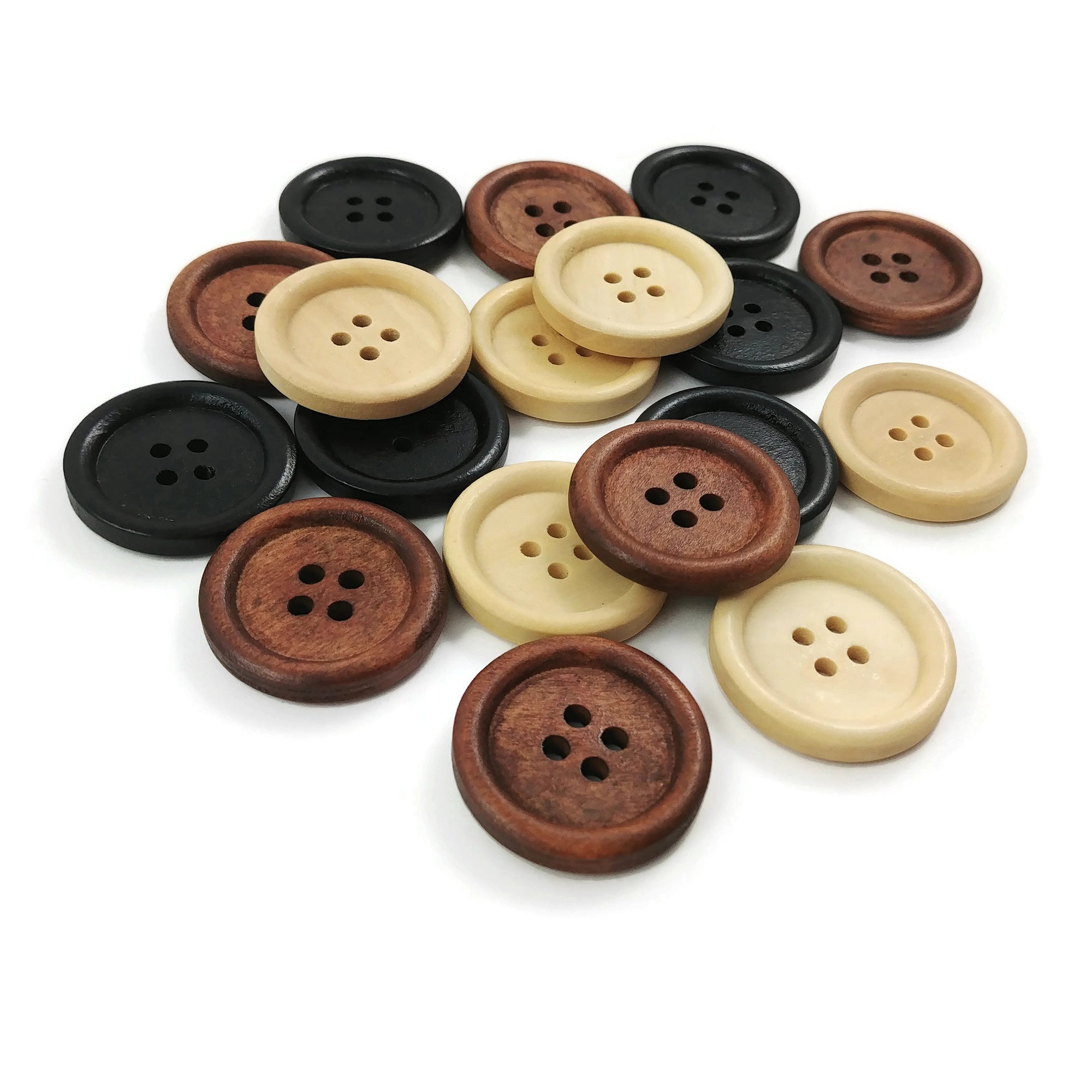 Brown Wooden Buttons - 25mm (1 inch) - 4 Holes - Carved Square Middle -  Round S