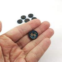 6 dark blue wooden button - brown flowers pattern 15mm