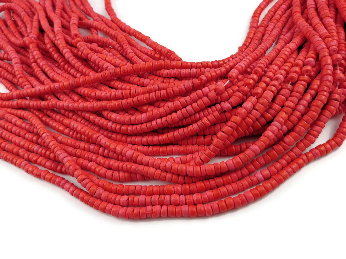 120 Coral red coconut beads - Wood rondelle disk beads 5mm
