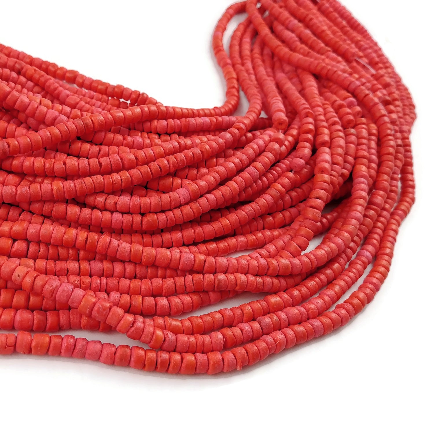 120 Coral red coconut beads - Wood rondelle disk beads 5mm