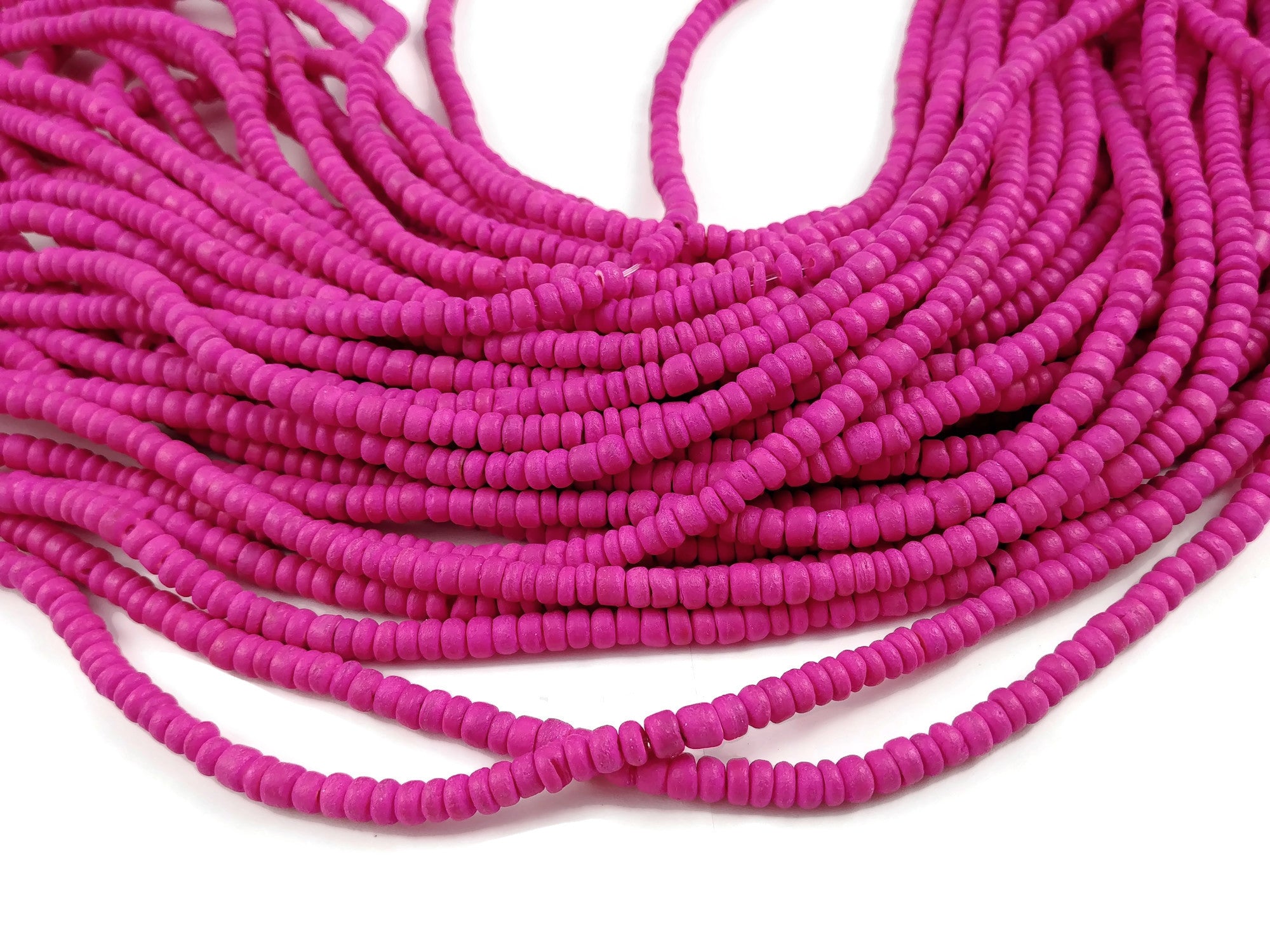 Fushia pink coconut beads - Wooden rondelle disk beads 4-5mm