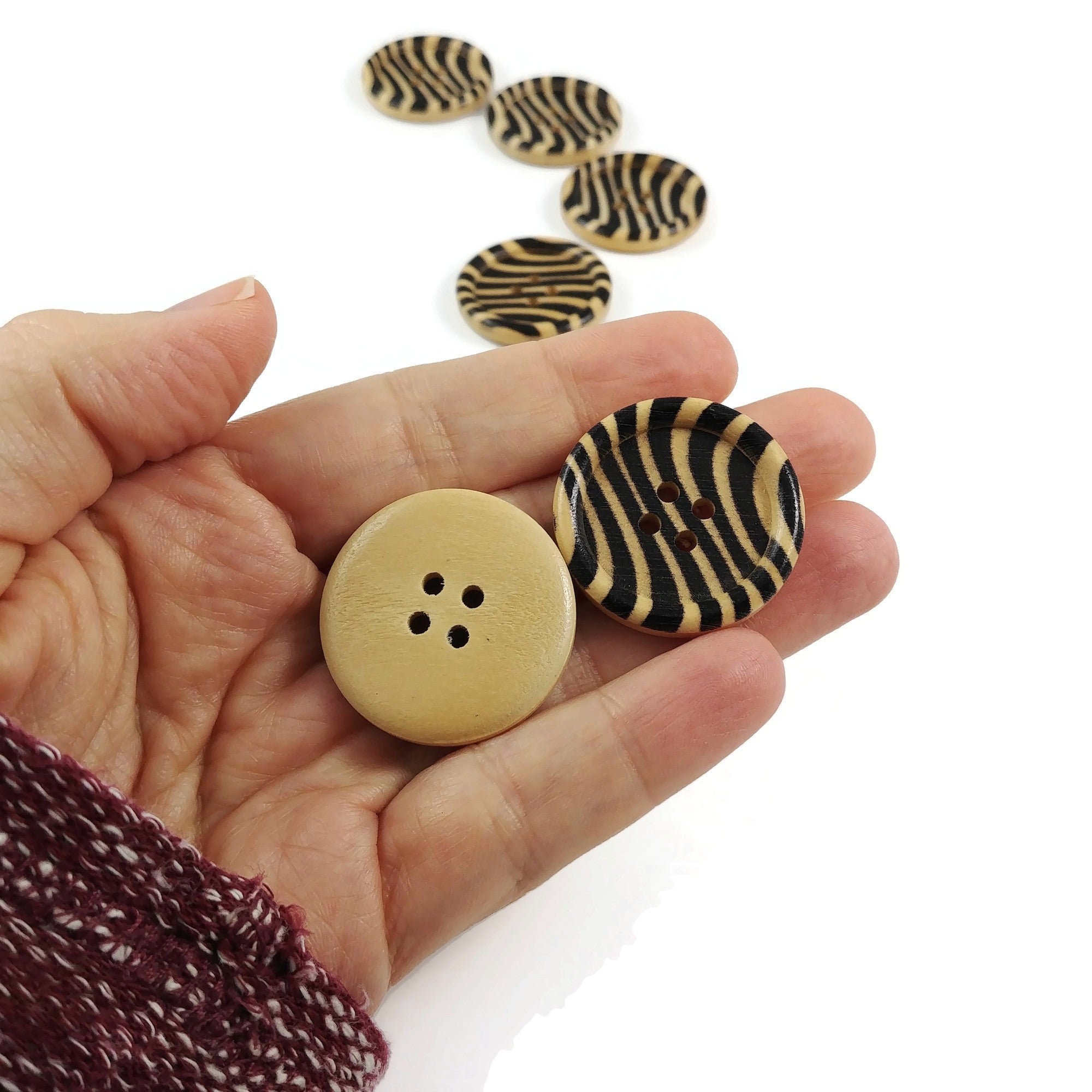 Zebra Pattern Wooden Sewing Buttons 30mm - Natural and Black wood button set of 6