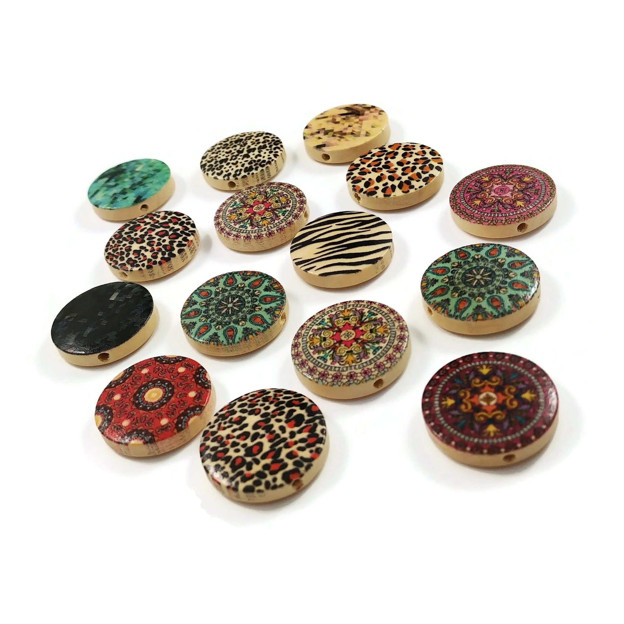 Mixed pattern wooden beads flat round 20mm - 15 pces