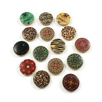 Mixed pattern wooden beads flat round 20mm - 15 pces