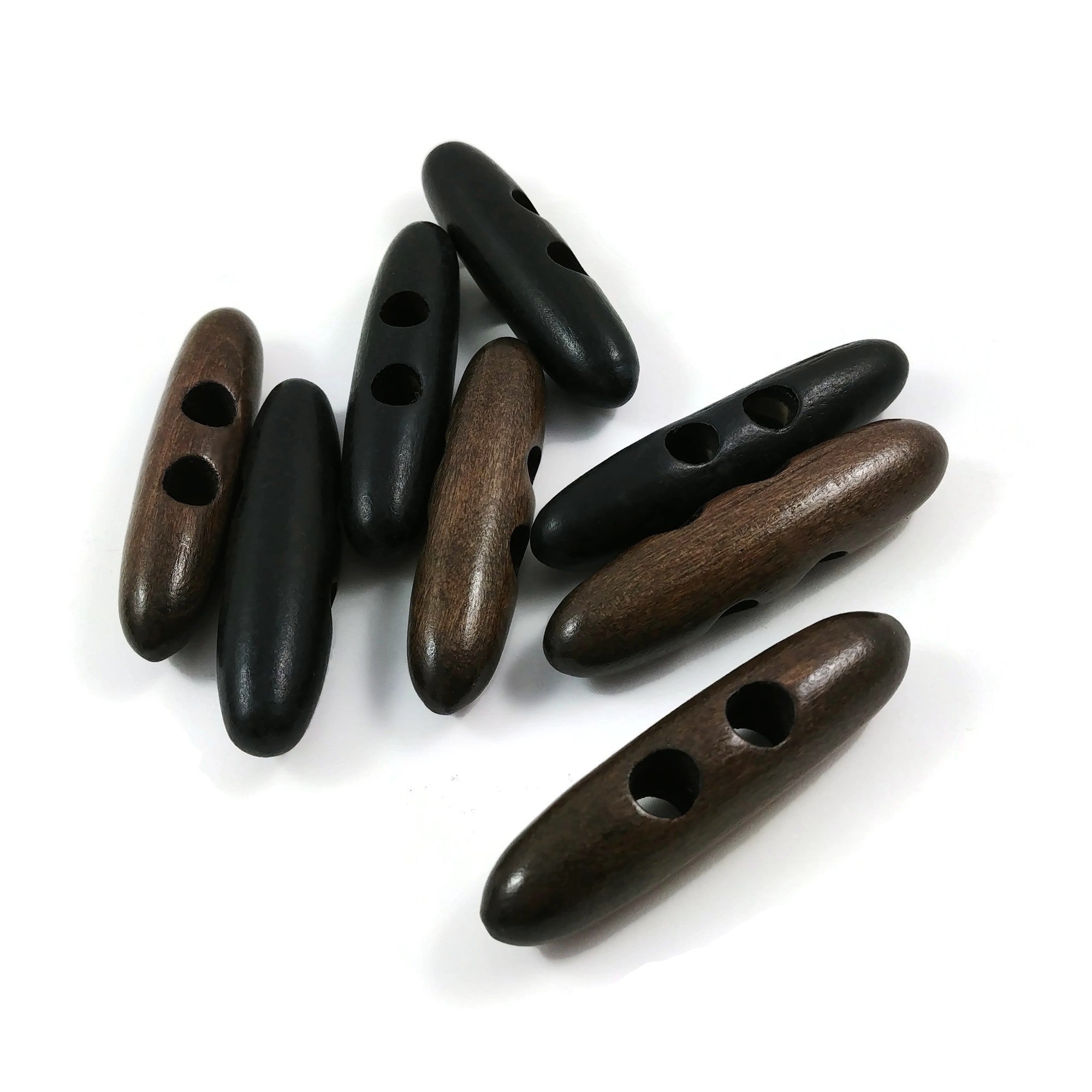 2 Large Toggle Buttons - Wood Dark Brown, Black 6cm (2 3/8")