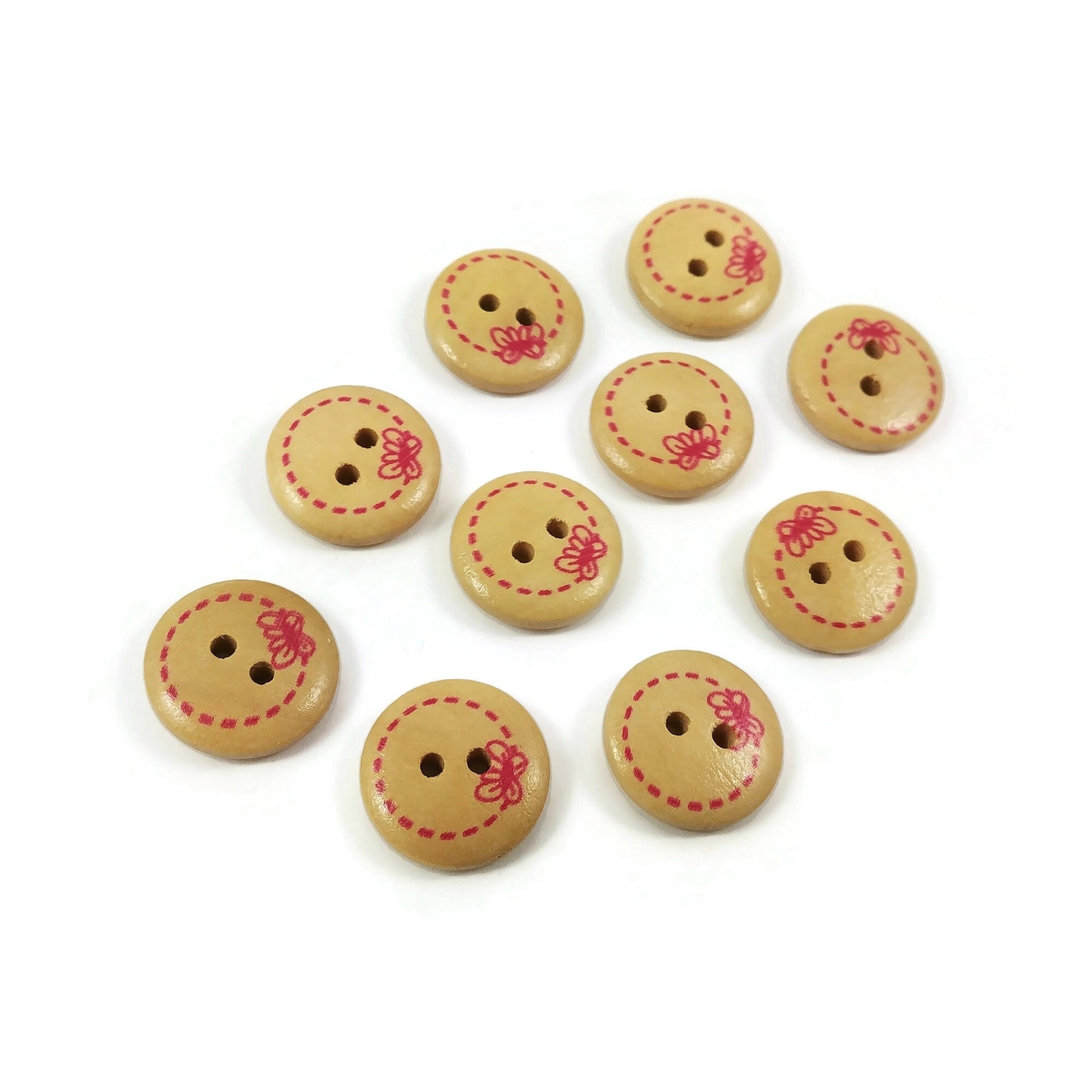 10 wood painted sewing buttons - pink bow 15mm