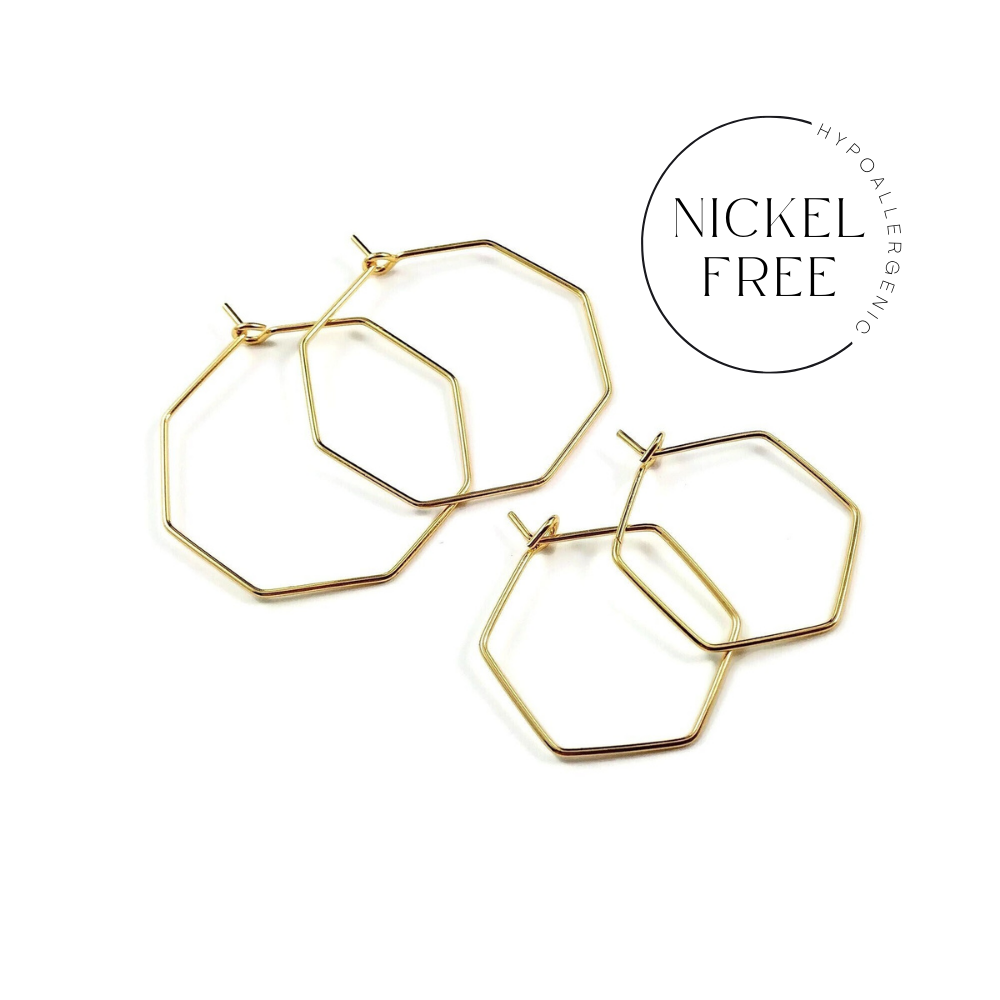 2 pièces (1 paire) anneaux hexagones plaquées or véritable 18CT sans nickel