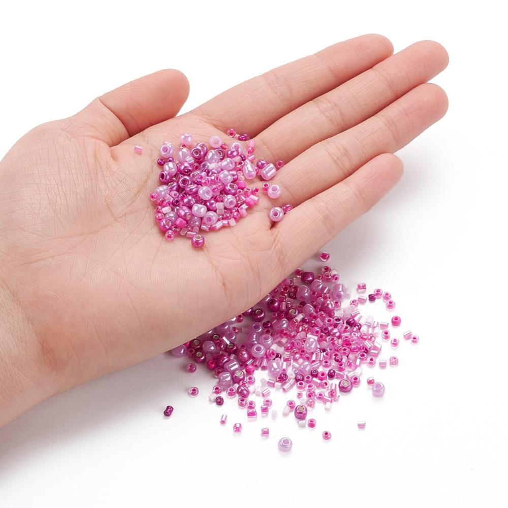 Pink glass seed bead grab bag, Mixed shapes
