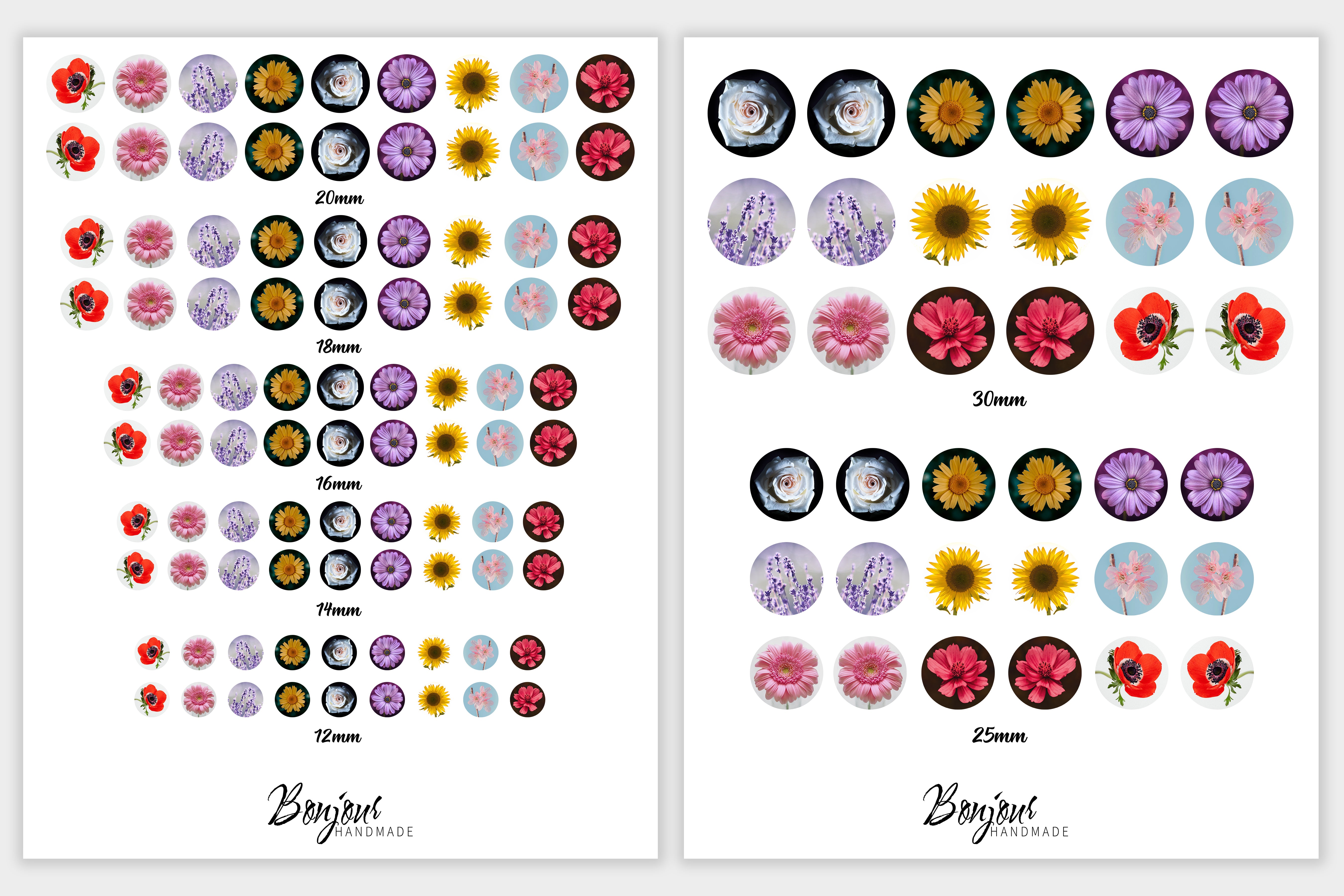 Images digitales cabochon - Fleurs - Cabochon rond à imprimer en 7 grandeurs