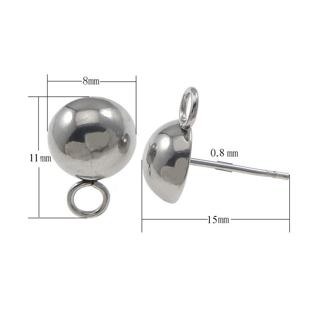 10pcs Stainless Steel Earring Post, Earstud, 6 or 8mm Half Ball head, with loop, Hypoallergenic