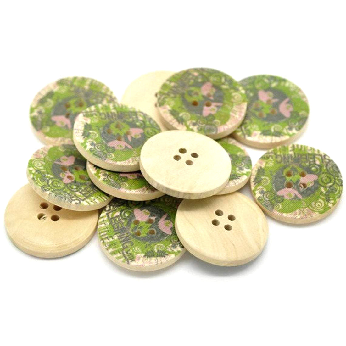Olive Green and Pink Flower Pattern Wooden Sewing Buttons 3cm - Natural wood button set of 6