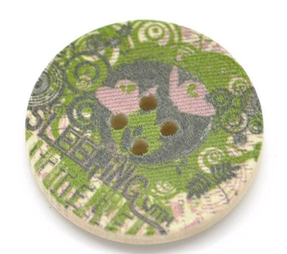 Olive Green and Pink Flower Pattern Wooden Sewing Buttons 3cm - Natural wood button set of 6