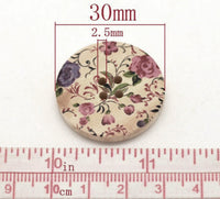 Cottage Flower Pattern Wooden Sewing Buttons 30mm - set of 6 natural wood button