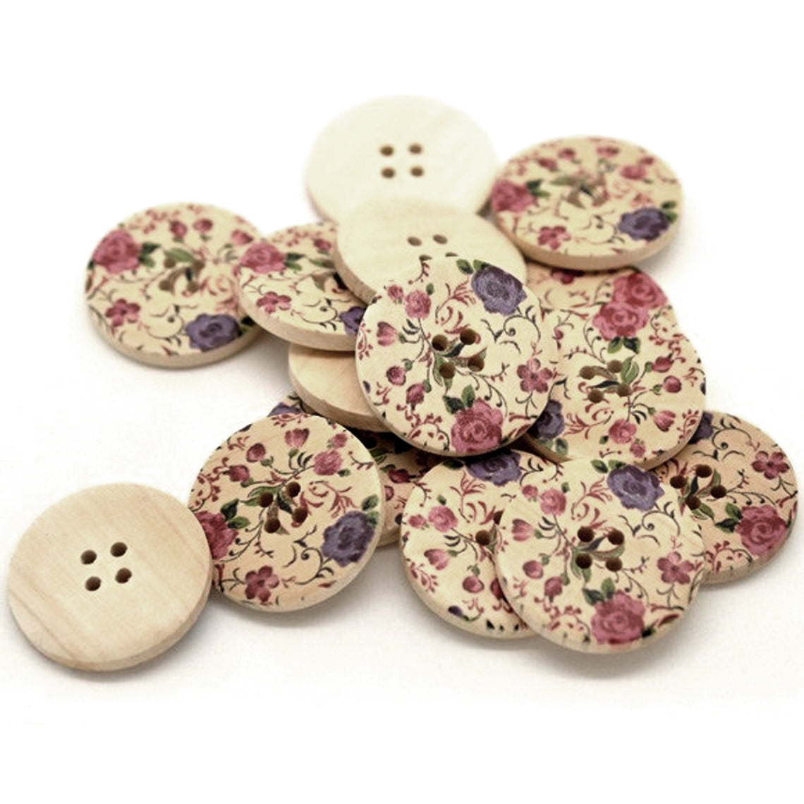 Bouton de bois avec motif de fleur style cottage de 3cm - ensemble de 6 boutons en bois naturel