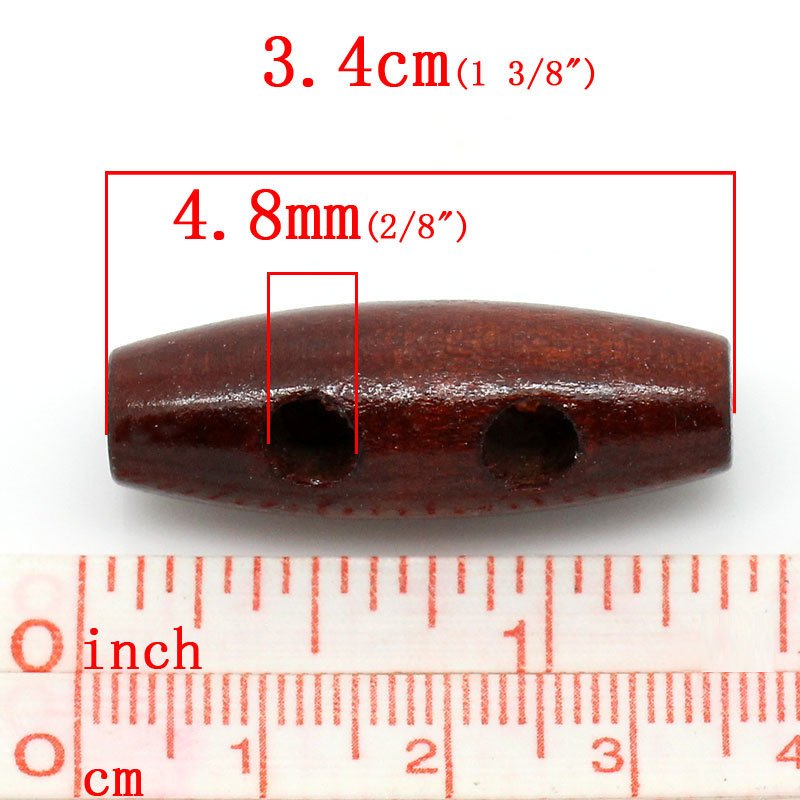 6 wooden Toggle Buttons - Dark Red 3.4 x 1.2cm
