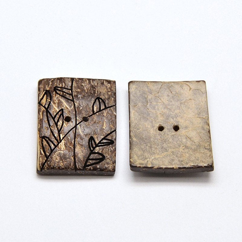 Gros boutons rectangles en bois de coco naturel sculpté - Ensemble de 2