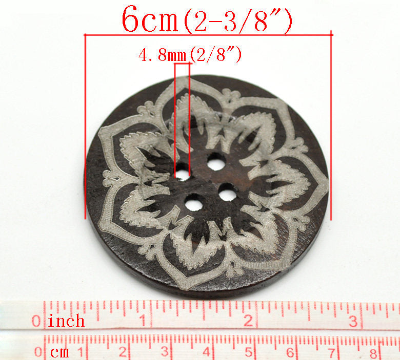 Bouton extra gros - 3 bouton en bois de 60mm - motif fleur