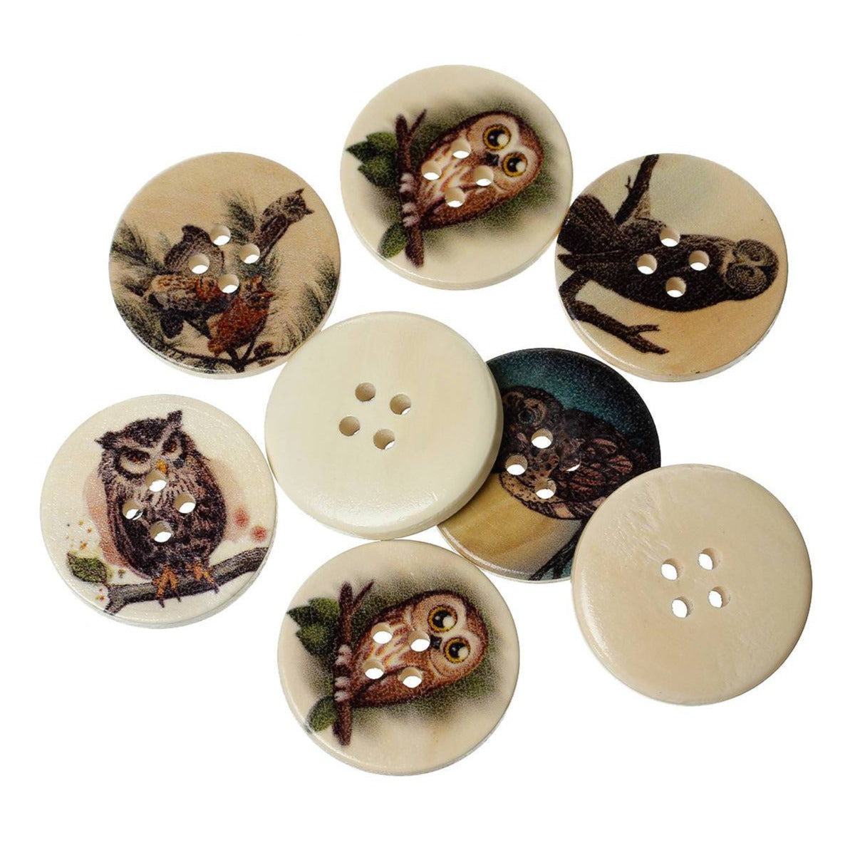 Owl wood sewing buttons - 6 Mixed Patterns craft buttons
