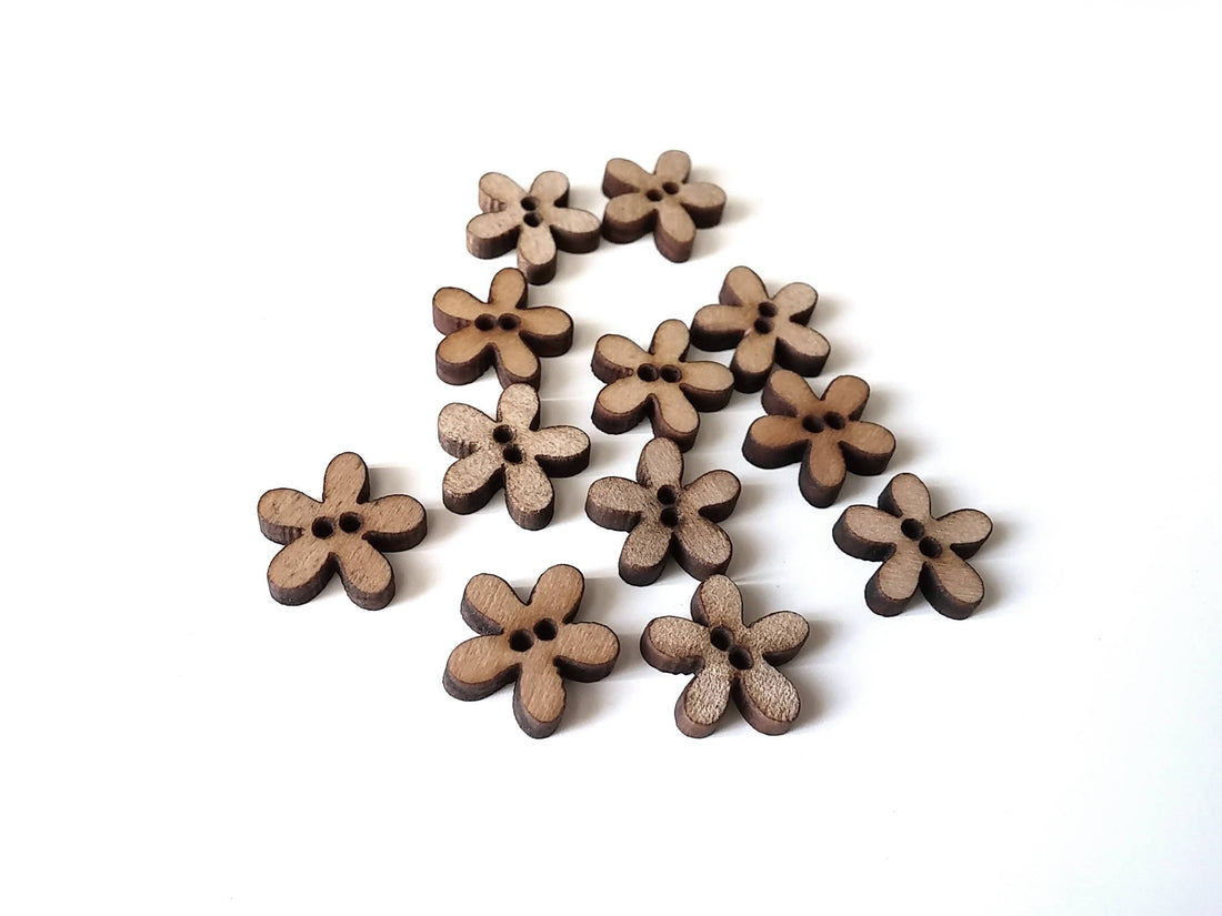 Tiny Wooden Flower Shape Sewing Sew On Buttons Set of 12