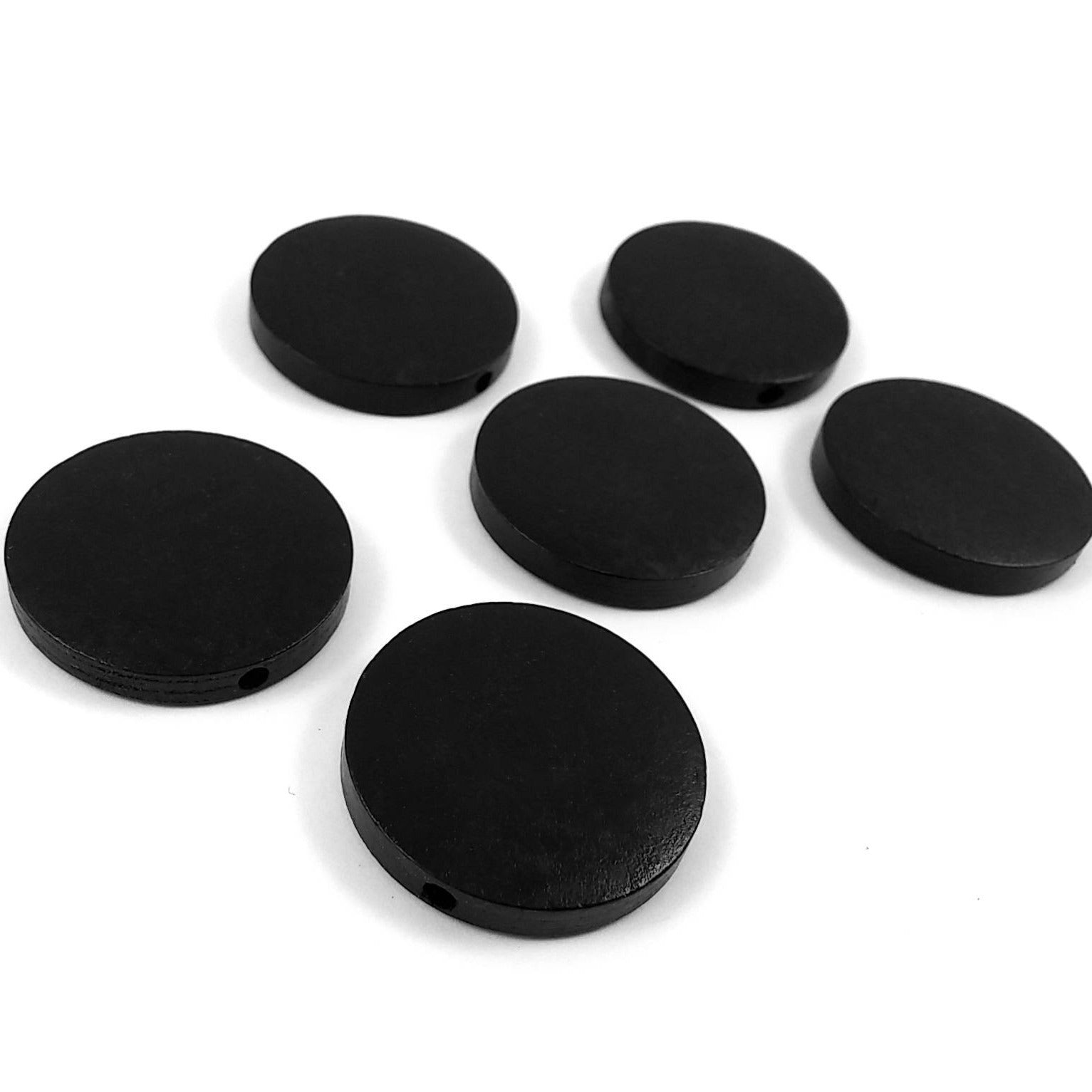 Black Wood Beads Flat Round 30mm - 6 pces