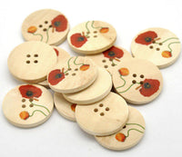 Natural wood button with Flower Poppy Pattern 25 or 30mm - set of 6 natural sewing wood button