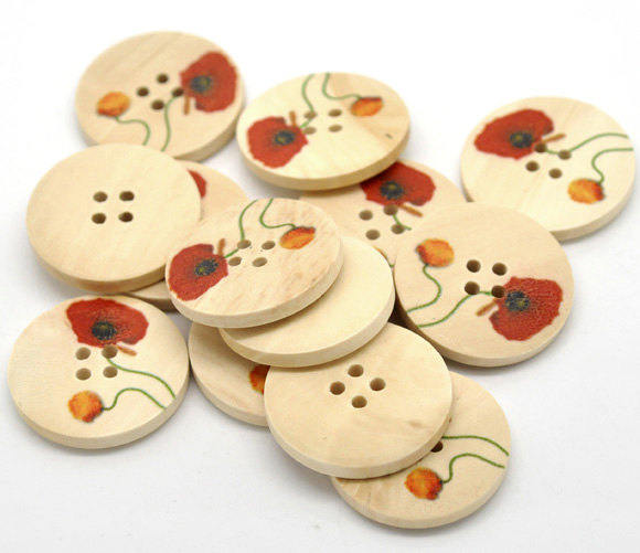 Bouton de bois avec motif de fleur coquelicot de 25 ou 30mm - ensemble de 6 boutons en bois naturel