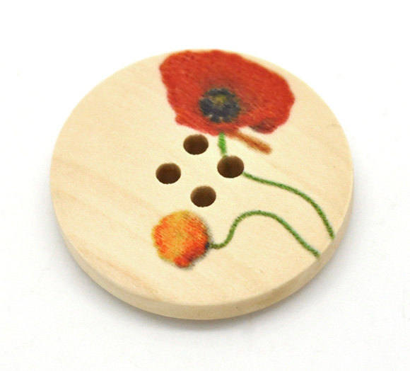Bouton de bois avec motif de fleur coquelicot de 25 ou 30mm - ensemble de 6 boutons en bois naturel