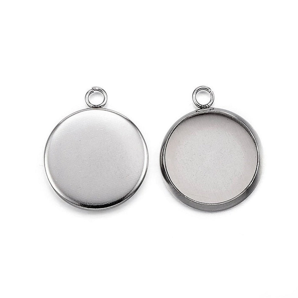 304 Stainless steel pendant cabochon settings, flat round, 6, 8, 10, 12 or 14mm tray
