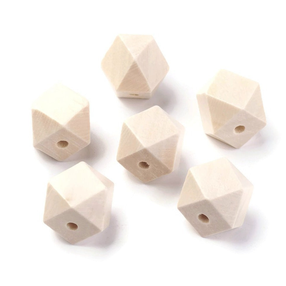 10 Faceted hexagon wood beads 15mm