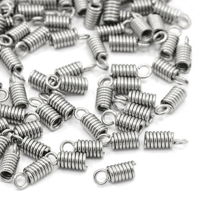 Silver Cord Ends - Stainless steel spring coil ends - hypoallergenic necklace fasteners 20pcs