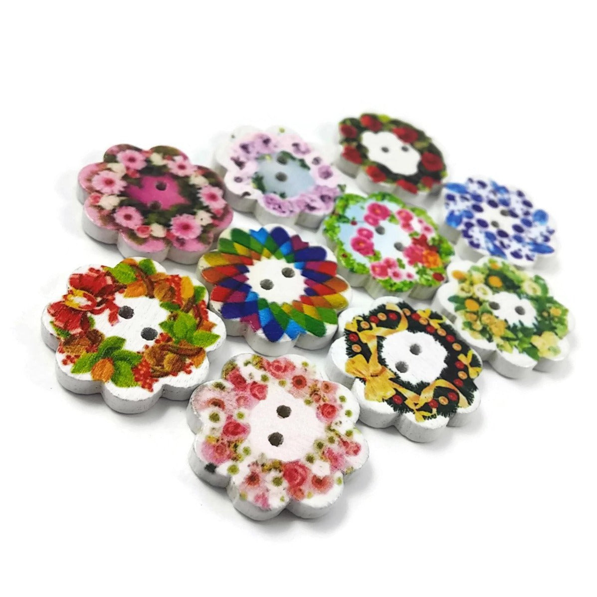 10 Boutons Fleurs d'été motifs variées - lot de boutons en bois 19mm