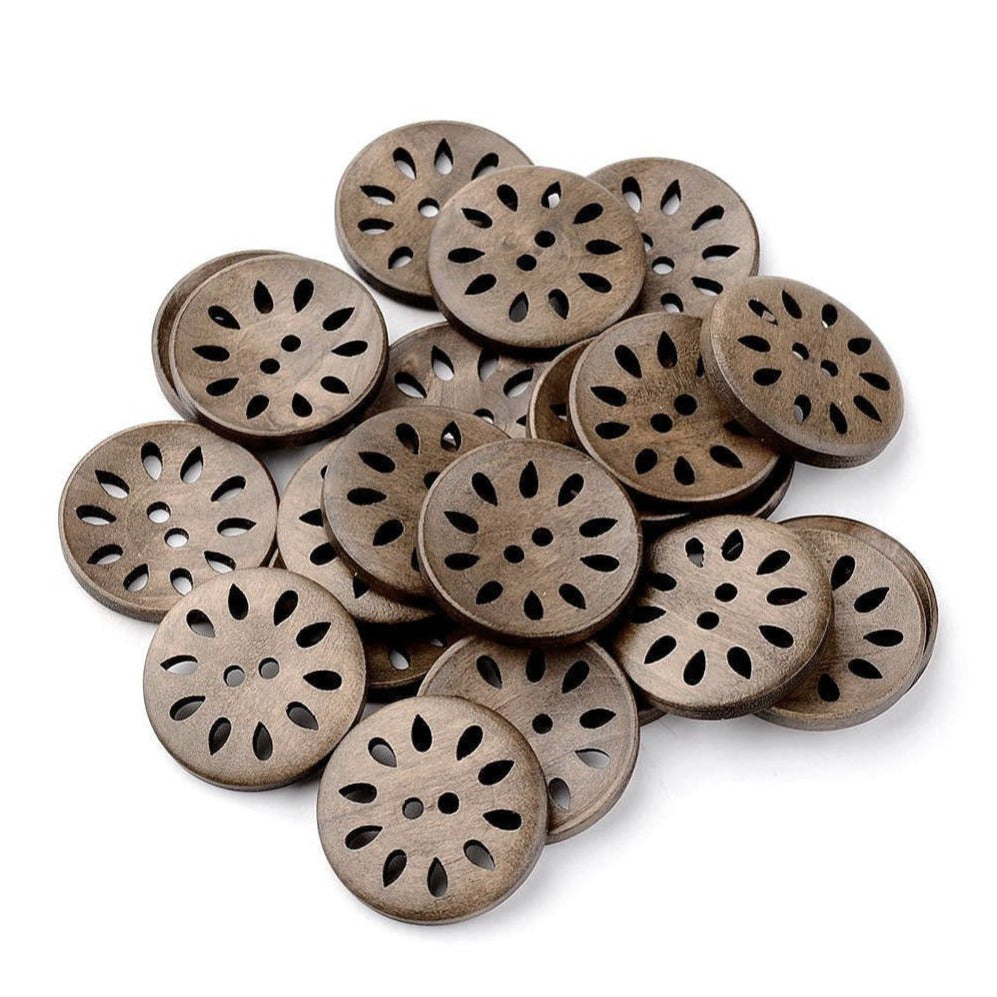 6 hollow flower wooden buttons 30mm