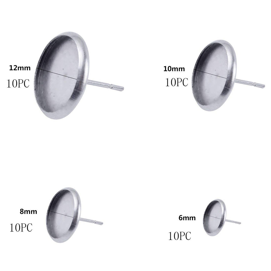 10 Stainless steel ear stud cabochon settings - fits 6, 8, 10 or 12mm cabochons