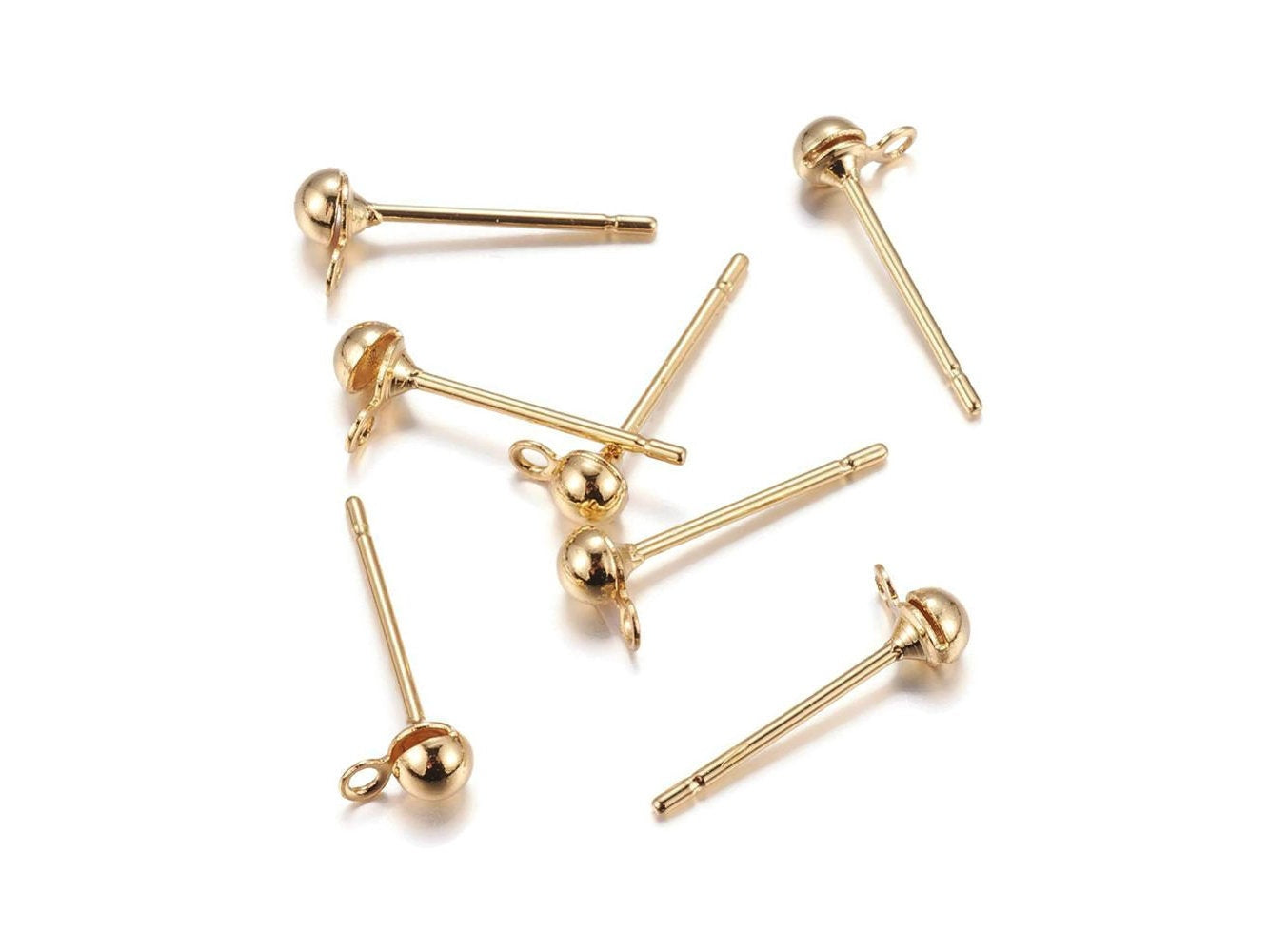 Brass earring stud posts, 3mm ball with loop, gold Nickel free