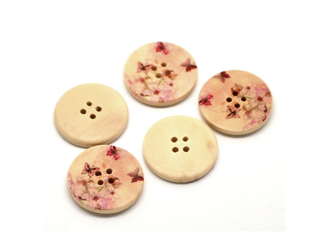 Butterfly and Flower Pattern Wooden Sewing Button 30mm - set of 6 wood buttons