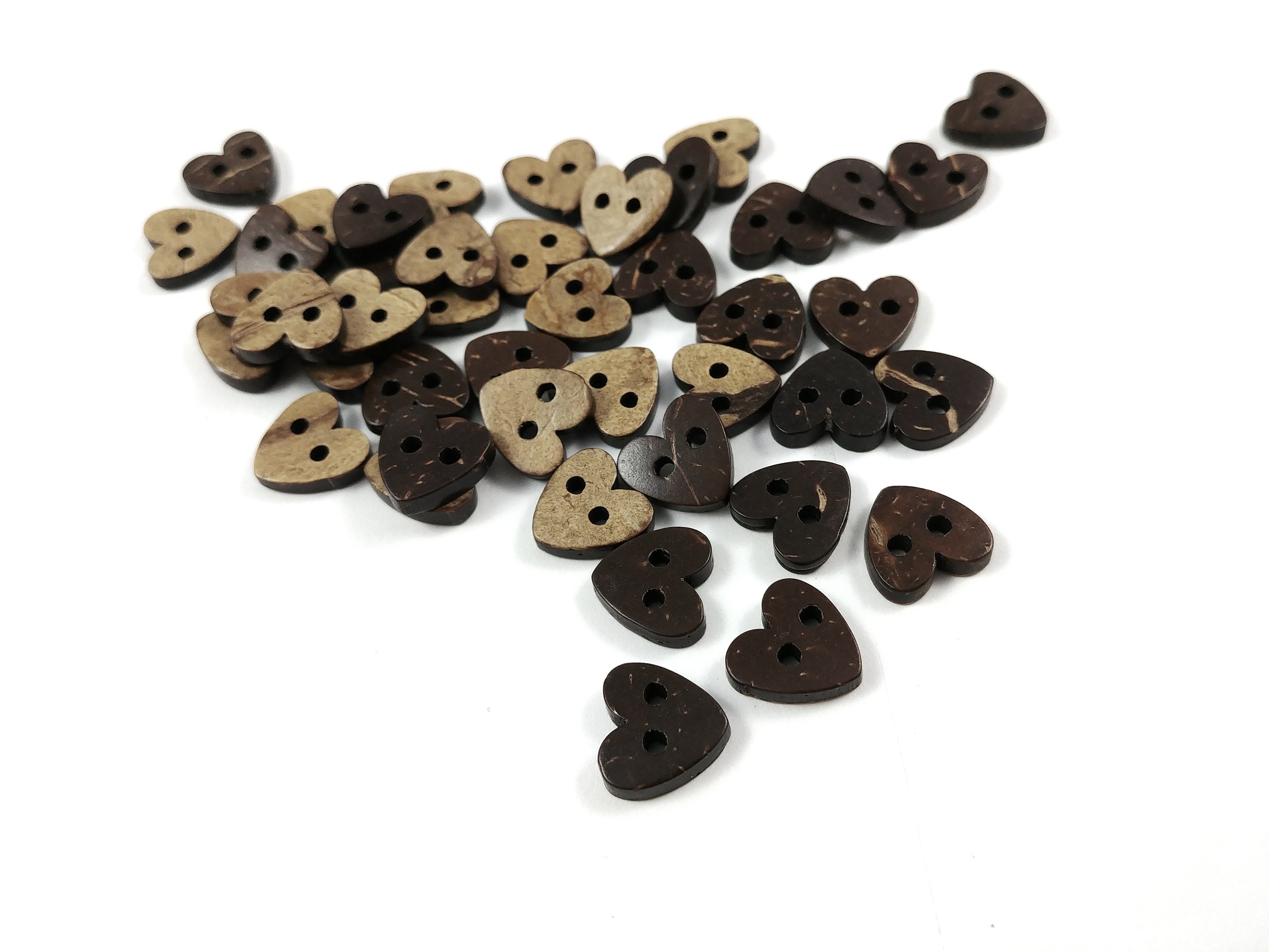 10 Brown Coconut Shell Buttons 10mm -  Heart shape