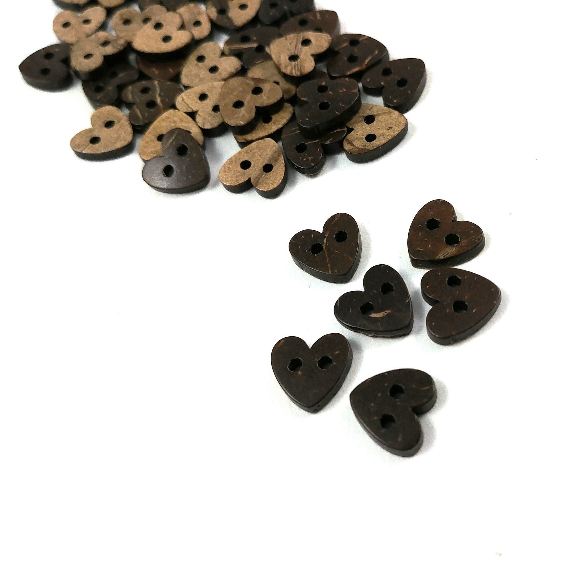 10 Brown Coconut Shell Buttons 10mm -  Heart shape