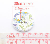White and Flower Pattern Wooden Sewing Button 30mm - set of 6 wood buttons 