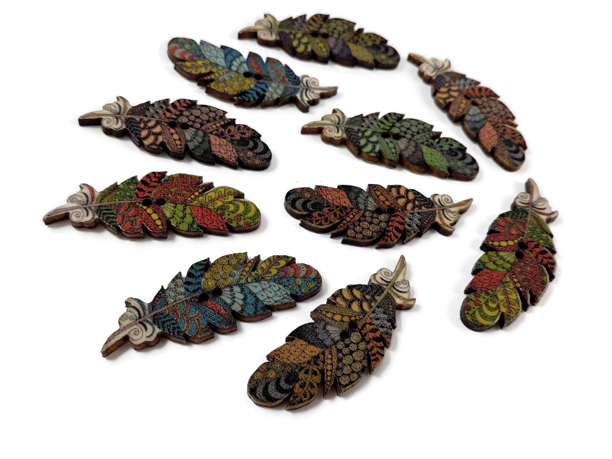 Boho feather wood sewing buttons - 6 Mixed Patterns scrapbooking butto