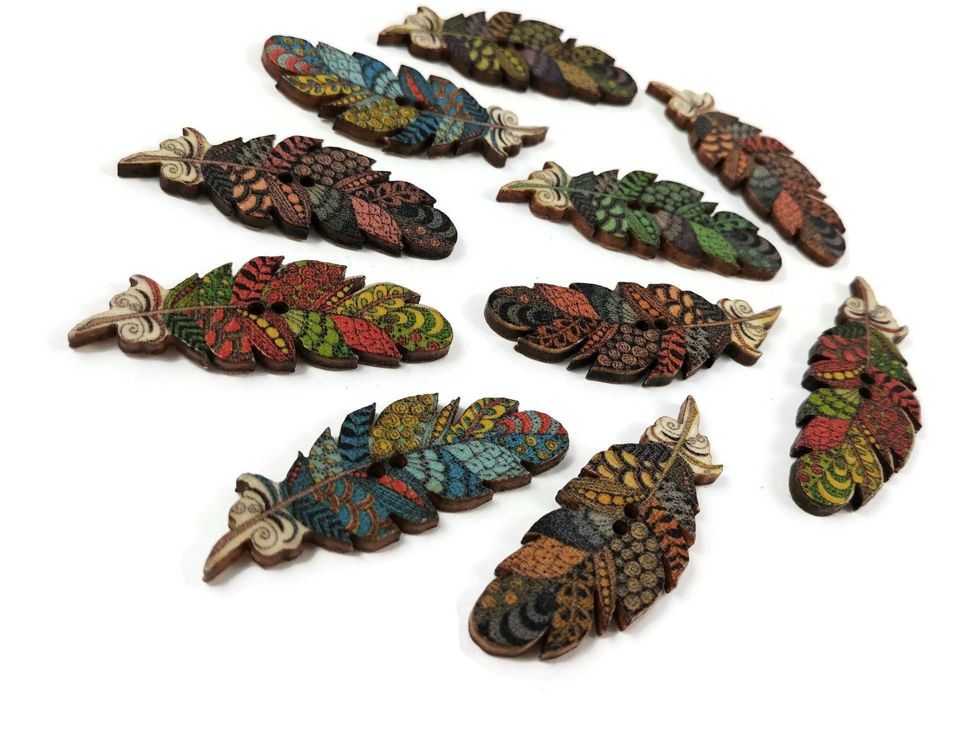 Boho feather wood sewing buttons - 6 Mixed Patterns scrapbooking butto